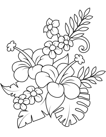 Bouquet With Hibiscus And Monstera Leaves Coloring Page